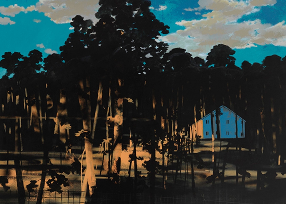Painting of a landscape at sunset: dense trees and a house