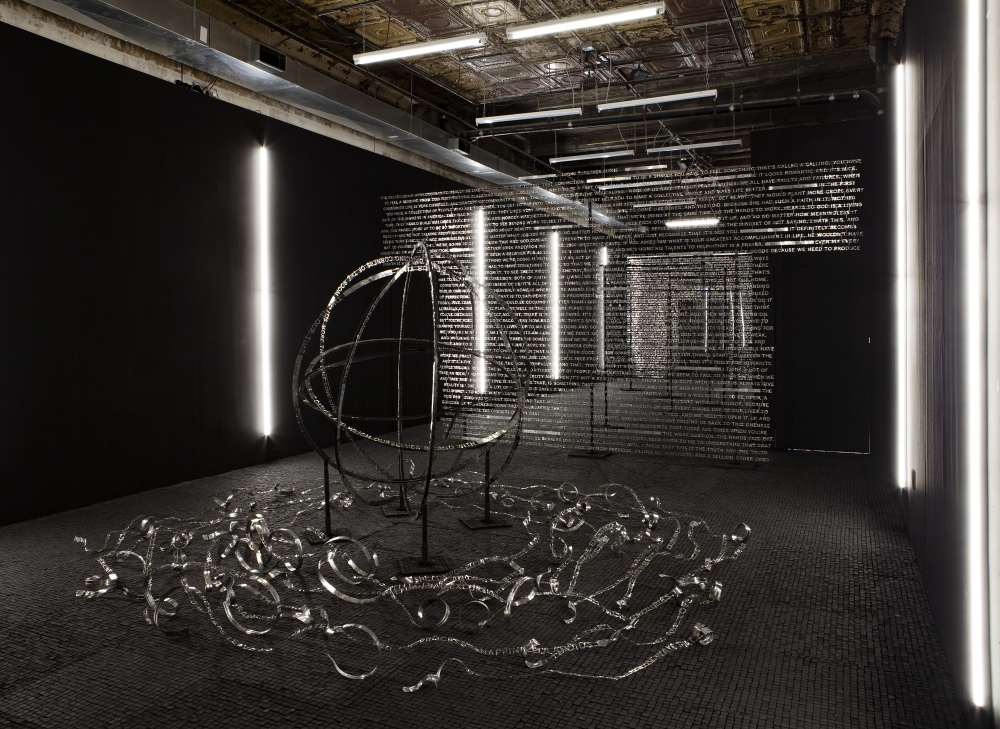 Jonathan Berger, An Introduction to Nameless Love, 2019, Tin, nickel, charcoal. Installation view at Participant Inc, New York, February 23 &ndash; April 5, 2020. Photo: Mark Waldhauser.