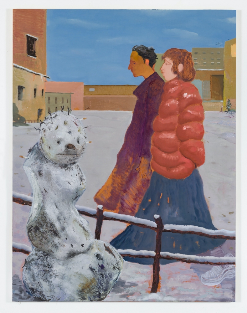 Painting of 2 people and snowman