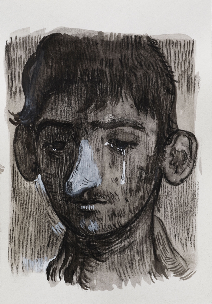 Salman Toor
Crying Boy, 2020
Charcoal, ink, and gouache on paper
5 1/2 x 3 13/16 inches
(14.0 x 9.7 cm)