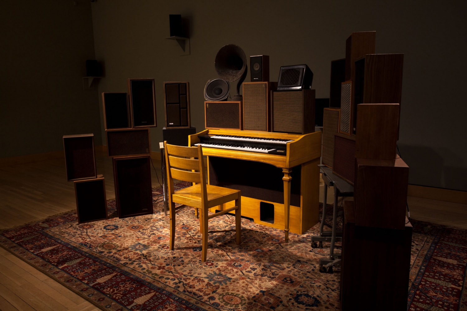 Janet Cardiff and George Bures Miller
The Poetry Machine,&amp;nbsp;2017
Interactive audio/mixed-media installation including organ, speakers, carpet, computer and electronics
Dimensions variable
Installation view,&amp;nbsp;THE POETRY MACHINE &amp;amp; Other Works
May 3 &amp;ndash;&amp;nbsp;July 5, 2018
Fraenkel Gallery, San Francisco