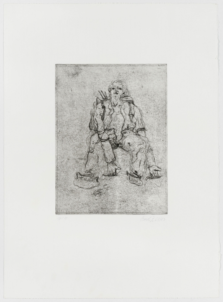 Georg Baselitz
Die Falle [The Trap], 1965, printed 1983
Signed/Dated: 10/10; Baselitz 65/83
Etching and drypoint on zinc plate; on Richard de Bas laid paper
Image size: 12 1/2 x 9 3/8 inches (31.8 x 23.7 cm)
Paper size: 24 1/2 x 17 7/8 inches (62.2 x 45.4 cm)
Framed dimensions: 28 5/8 x 20 3/4 inches (72.7 x 52.7 cm)
&amp;copy; Georg Baselitz 2021
Photo: &amp;copy;&amp;nbsp;bernhardstrauss.com