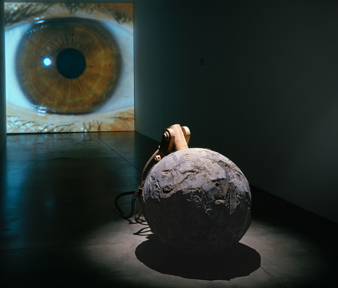 Janine Antoni
Tear, 2008
Lead, steel, HD video projection with surround sound
4,182 pound wrecking ball, 33 inches (83.8 cm)&amp;nbsp;in&amp;nbsp;diameter
Projection: 132&amp;nbsp;x 132 inches (335.3 x 335.3 cm)