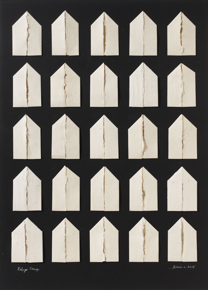 Zarina
Refugee Camp, 2015
Collage with Indian handmade paper on printed black BFK light paper
26 x 19 inches
(66&amp;nbsp;x 48.3 cm)