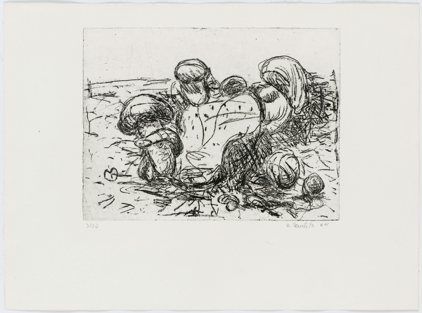 Georg Baselitz
Pilze [Mushrooms], 1964
Signed/Dated: 3/20; G. Baselitz 64
Etching and soft-ground etching on zinc plate; on copper printing paper
Image size: 9 5/8 x 12 7/8 inches (24.4 x 32.7 cm)
Paper size: 15 3/8 x 20 7/8 inches (39.1 x 53 cm)
Framed dimensions: 18 7/8 x 24 3/4 inches (47.9 x 62.9 cm)
&amp;copy; Georg Baselitz 2021
Photo: &amp;copy;&amp;nbsp;bernhardstrauss.com