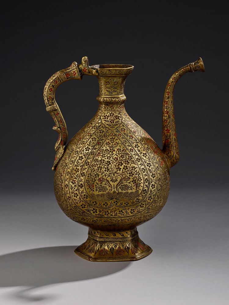 Cast brass ewer with original lac, late 17th or early 18th century