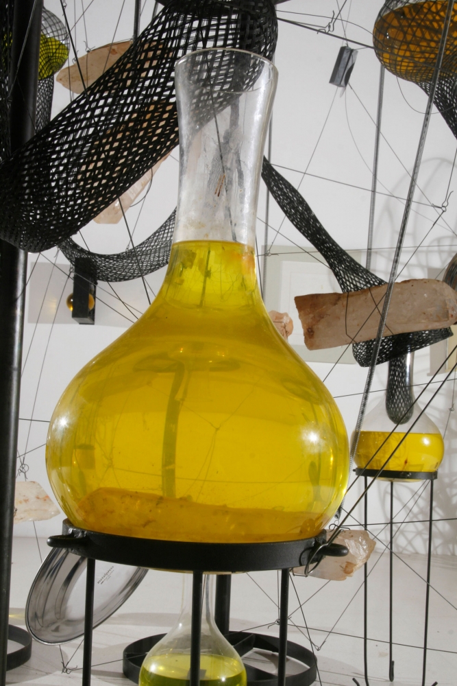 Tunga
Cooking Crystals, 2006-2009
​Detail
Iron, crystal rocks, magnets, steel network,
brown mass, yellow liquid and glasses
Dimensions variable