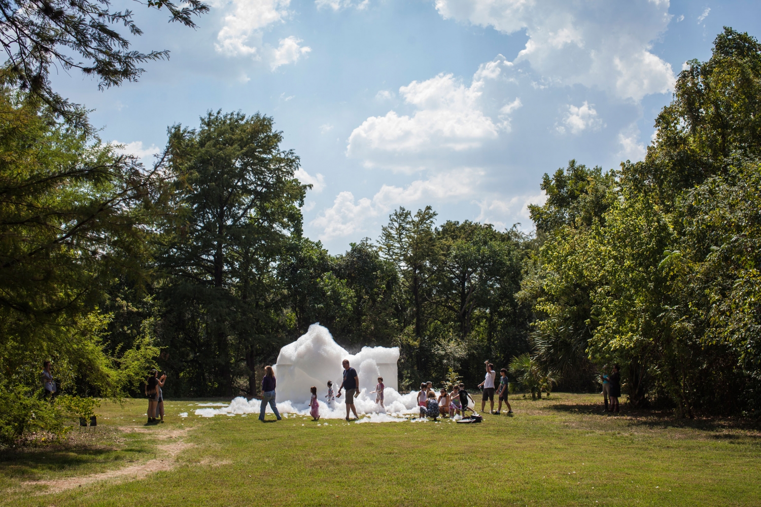 Roger Hiorns
A retrospective view of the pathway, 2008 &amp;ndash; ongoing
Foam, compressor, and polyester tanks
Dimensions variable
Installation view,&amp;nbsp;Strange Pilgrims, The Contemporary Austin &amp;ndash; Betty and Edward Sculpture Park at Laguna Gloria, 2015
Image &amp;copy; The Contemporary Austin. Courtesy The Contemporary Austin. Photo:&amp;nbsp;Brian Fitzsimmons
