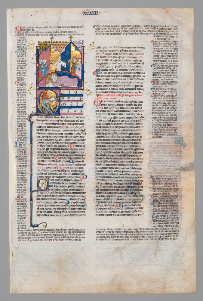 Manuscript leaf with two scenes: a couple discussing legalities with lawyers, and two lovers in a bed, c. 1320