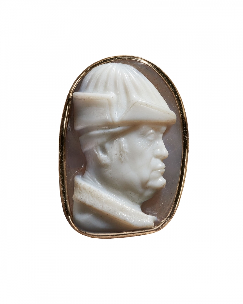 An onyx cameo of King Ren&amp;eacute; of Anjou (1409-1480), c. 1470
France
Onyx cameo set in a modern gold ring, impeccable condition
3/4 x 3/4 inches
(2 x 1.8 cm)