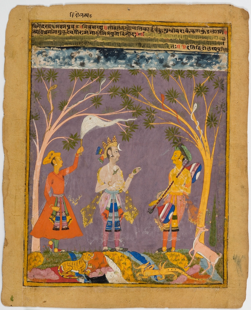 Vinoda raga, eighth son of Hindola raga, 1630-50
From a dispersed Ragamala series, north Deccan
Opaque pigments and gold on paper
Folio: 13 1/8 x 10 5/8 inches (33.2 x 26.9 cm)
Painting: 11 1/2 x 8 5/8 inches (29.3 x 22.0 cm)