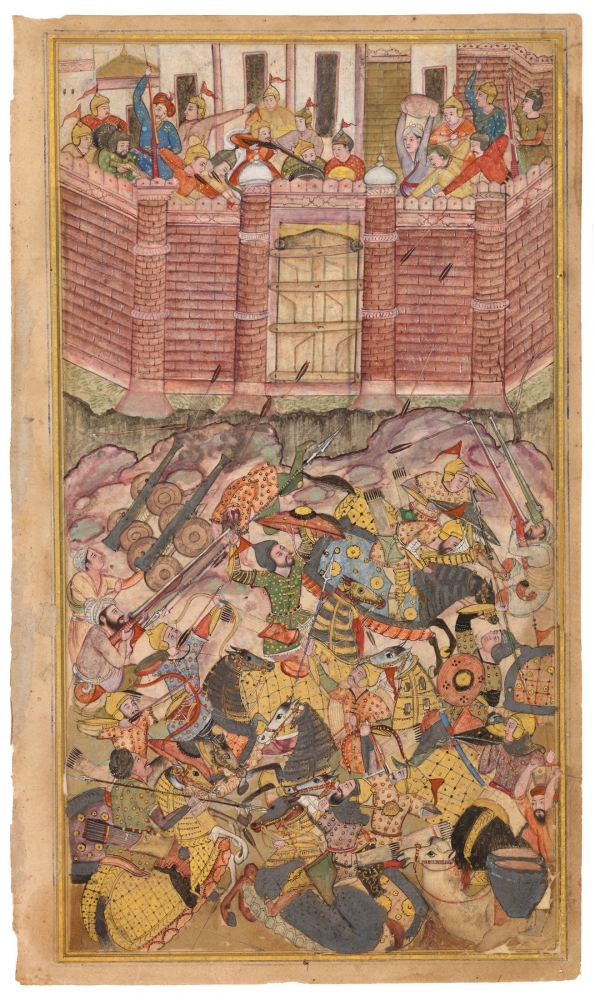 Battle between Khwaja Qazi and Aba-bikr at Uzgend in 1493&amp;ndash;4, c. 1589
Folio from the first Baburnama, made for the Emperor Akbar
Imperial Mughal
Opaque pigments on paper with gold pigment
Folio: 10 3/8 x 6 1/8 inches (26.5 x 15.5 cm)
Painting: 9 3/4 x 5 1/4 inches (24.9 x 13.5 cm)