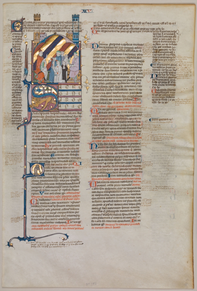 Manuscript leaf with two scenes: lawyers petitioning a seated pope and men petitioning a seated lawyer from a Decretum Gratiani, c. 1320