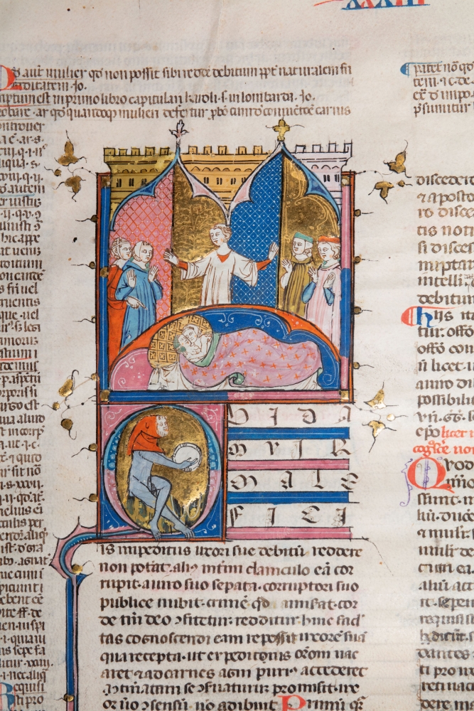 Manuscript leaf with two scenes: a couple discussing legalities with lawyers, and two lovers in a bed, c. 1320