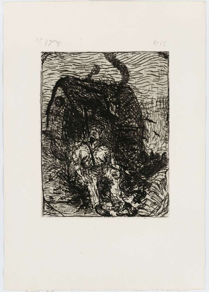 Georg Baselitz
Das Haus [The House], 1966
Signed/Dated: 7/20; Baselitz 65 (mistaken)
Etching, drypoint and soft-ground etching on zinc plate; on copper printing paper
Image size: 12 1/4 x 9 1/2 inches (31.1 x 24.1 cm)
Paper size: 21 1/2 x 15 inches (54.6 x 38.1)
Framed dimensions: 24 3/4 x 18 7/8 inches (62.9 x 47.9 cm)
&amp;copy; Georg Baselitz 2021
Photo: &amp;copy;&amp;nbsp;bernhardstrauss.com