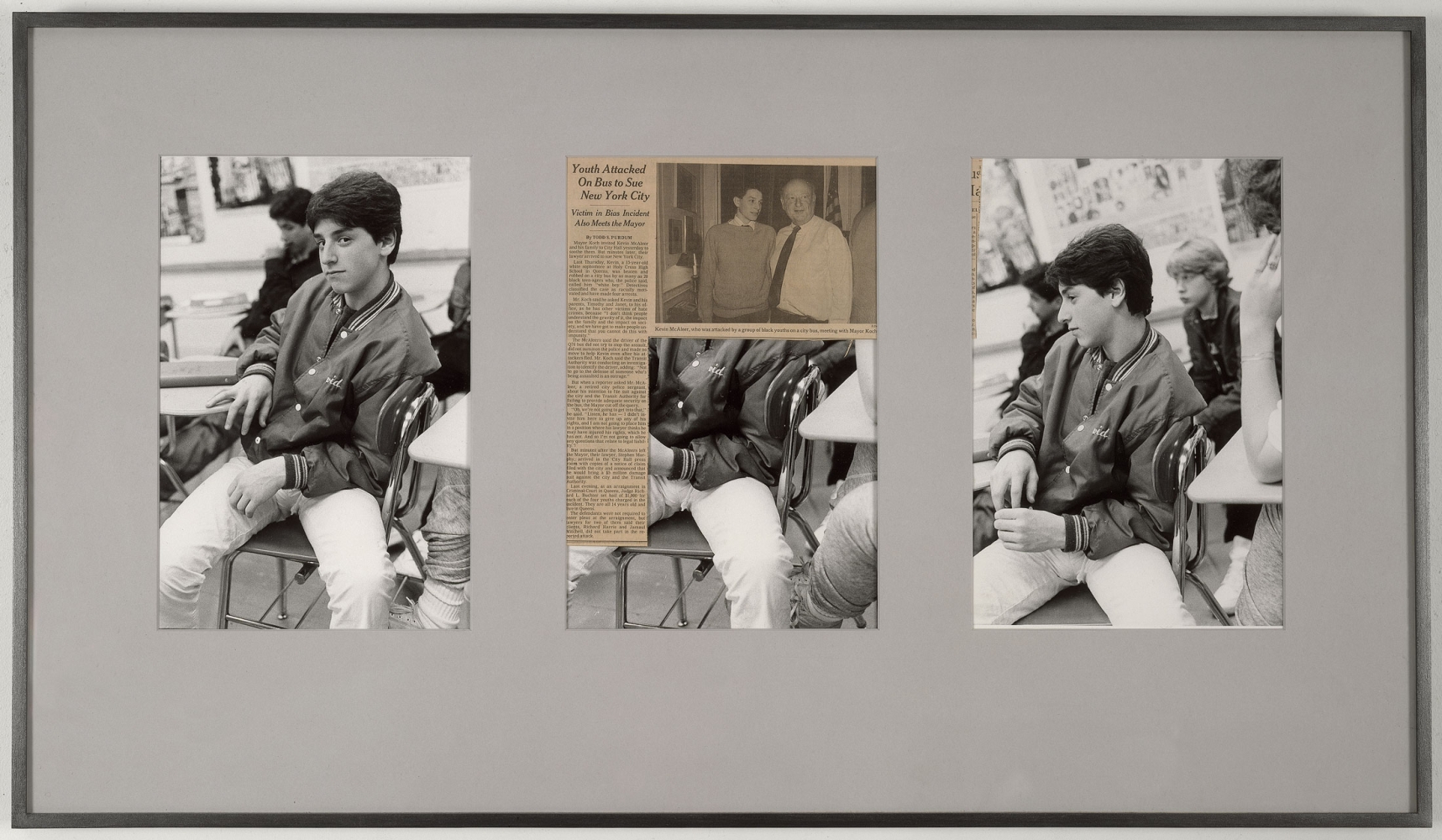 Larry Clark
Untitled, 1989
3 black and white photographs and newspaper
21 x 36 7/8 inches

(53.34 x 93.66 cm)