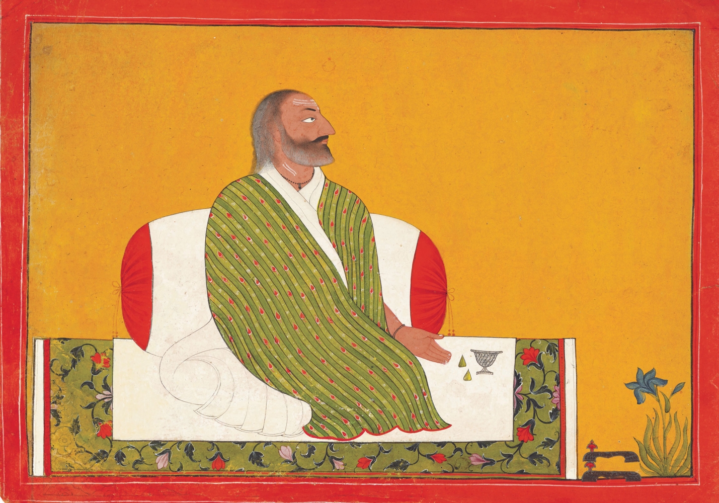 A man of commanding presence, c. 1700-30
Attributed to the Master at the Court of Mankot
Opaque pigments on paper; red border with black inner rule and white inner and outer rules
Folio: 8 x 11 1/8 inches (20.3 x 28.4 cm)
Painting: 7 1/8 x 10 1/8 inches (17.8 x 25.8 cm)