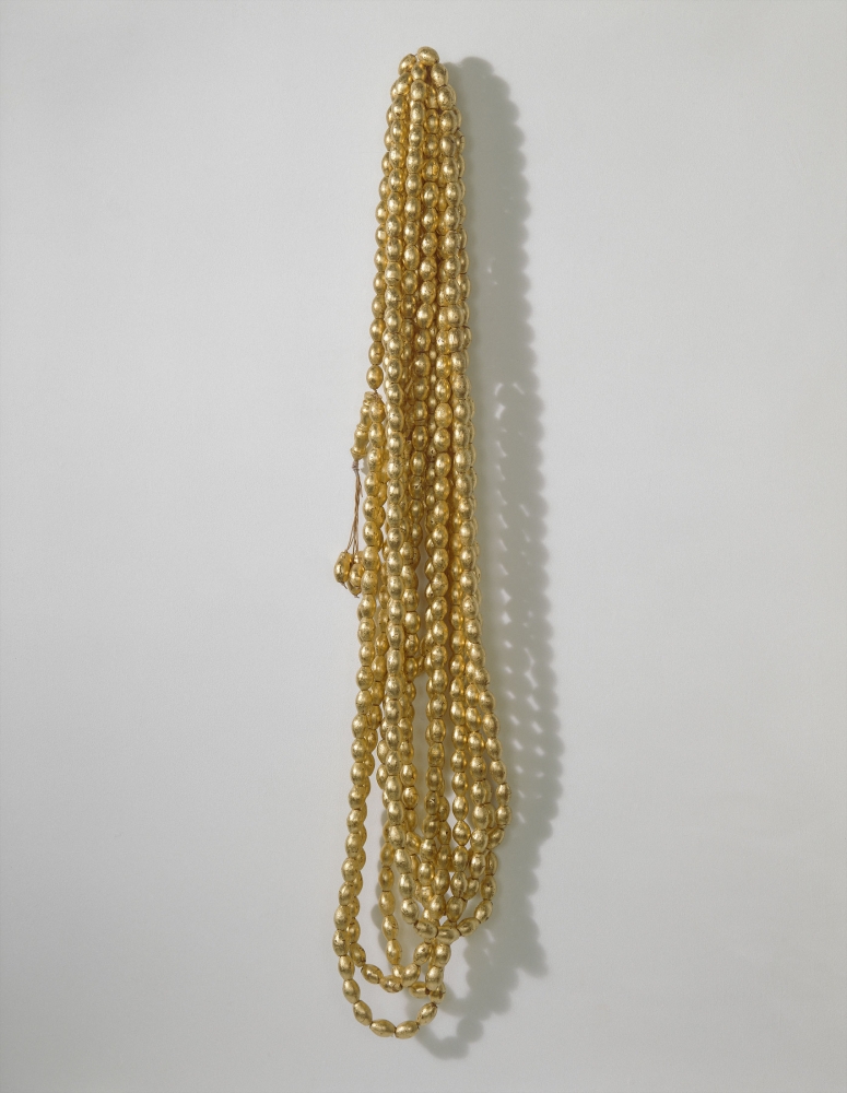 Zarina
Tasbih III, 2008
Maple wood beads formulated with gold leaf and leather cord (500 units)
Edition of 2
Each unit: 1 1/2 x 1 1/16 x 1 1/16 inches (3.81 x 2.7 x 2.7 cm)
Total length: 775 inches (1968.5 cm)