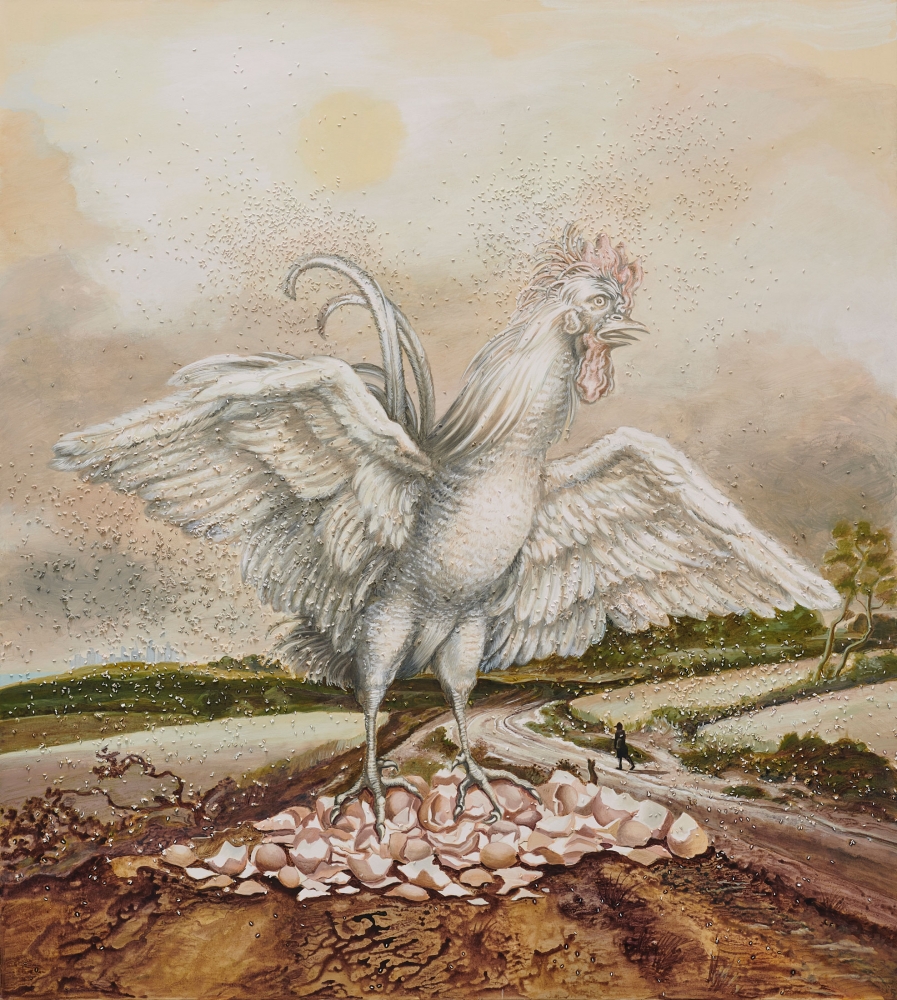 Allison Katz
Cock on Eggshells, 2019
Acrylic, emulsion and rice on canvas
78 3/4 x 70 7/16 inches
(200 x 180 cm)