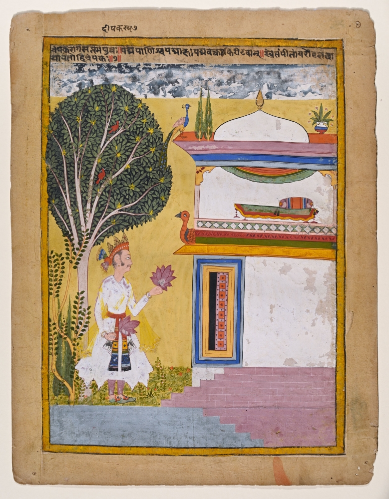Champaka raga, seventh son of Dipaka raga, 1630-50
From a dispersed Ragamala series, north Deccan
Opaque pigments and gold on paper
Folio: 13 1/8 x 10 1/2 inches (33.4 x 26.7 cm)
Painting: 11 3/8 x 8 5/8 inches (29 x 22 cm)