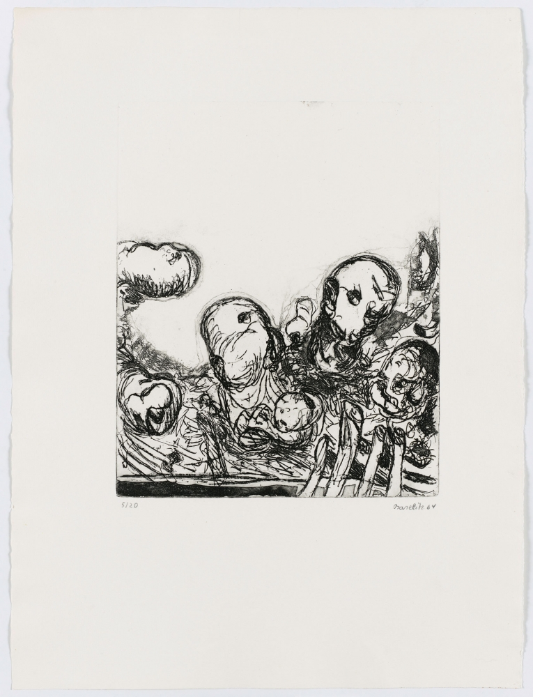 Georg Baselitz
K&amp;ouml;pfe [Heads], 1964
Signed/Dated: 5/20; Baselitz 64
Etching and soft-ground etching on zinc plate; on copper printing paper
Image size: 11 7/8 x 9 3/4 inches (30.2 x 24.8 cm)
Paper size: 20 1/2 x 15 3/8 inches (52.1 x 39.1 cm)
Framed dimensions: 24 3/4 x 18 7/8 inches (62.9 x 47.9 cm)
&amp;copy; Georg Baselitz 2021
Photo: &amp;copy;&amp;nbsp;bernhardstrauss.com