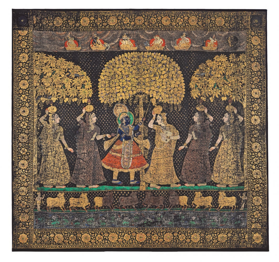Pichhvai of Dana Lila (the demanding of toll)
Deccan, possibly Hyderabad, mid-19th century
Cotton; with stenciled and painted design, gold and silver applied with an adhesive and painted pigments, including copper acetate arsenite (&amp;#39;emerald green&amp;#39;)
Textile: 1001 x 94 1/4 inches (256.5 x 239.5 cm)
Stretcher: 101 1/8 x 96 1/8 inches (257 x 244 cm)