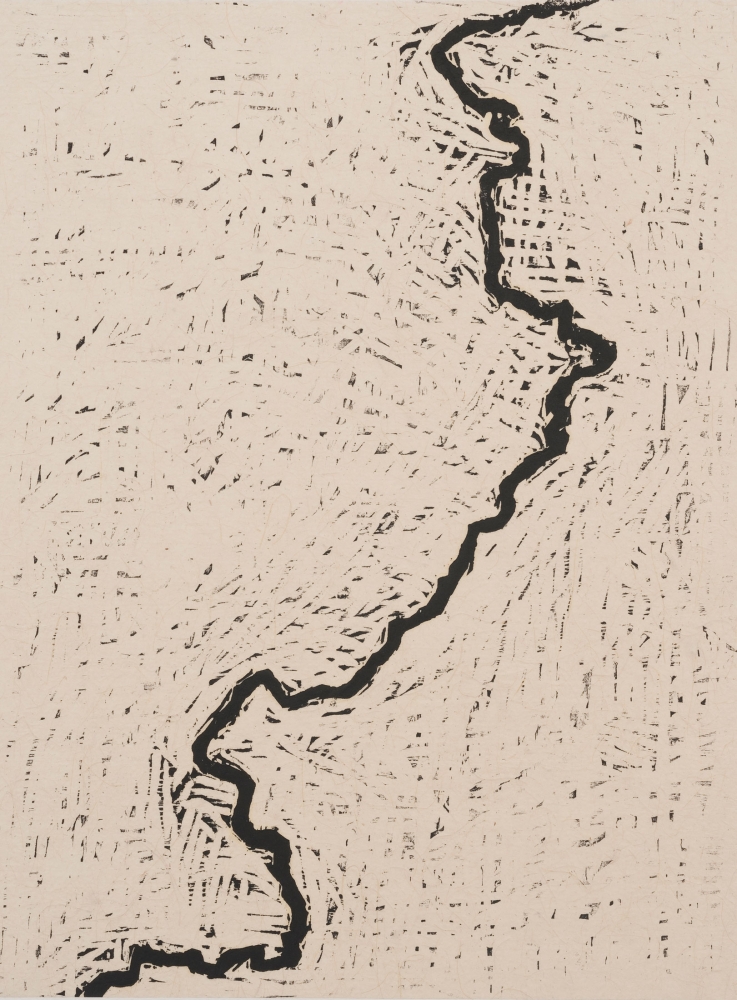 Zarina
Dividing Line, 2001
Woodcut printed in black on Nepalese handmade paper mounted on Arches cover white paper
Edition of 20
Image size: 16 x 13 inches&amp;nbsp;(40.6 x 33 cm)
Sheet size: 25 3/4 x 19 3/4 inches&amp;nbsp;(65.4 x 50.2 cm)