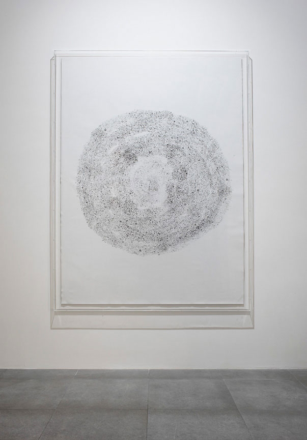Rosa Barba
Language Infinity Sphere (recording), 2018
Lino print color on canvas
From a series of 7 unique works + 2 APs
86 5/8 x 65 inches
(220 x 165 cm)
Installation view at Francisco Fino, Lisbon, 2019
Photo: Guillaume Vieira &amp;copy; Rosa Barba