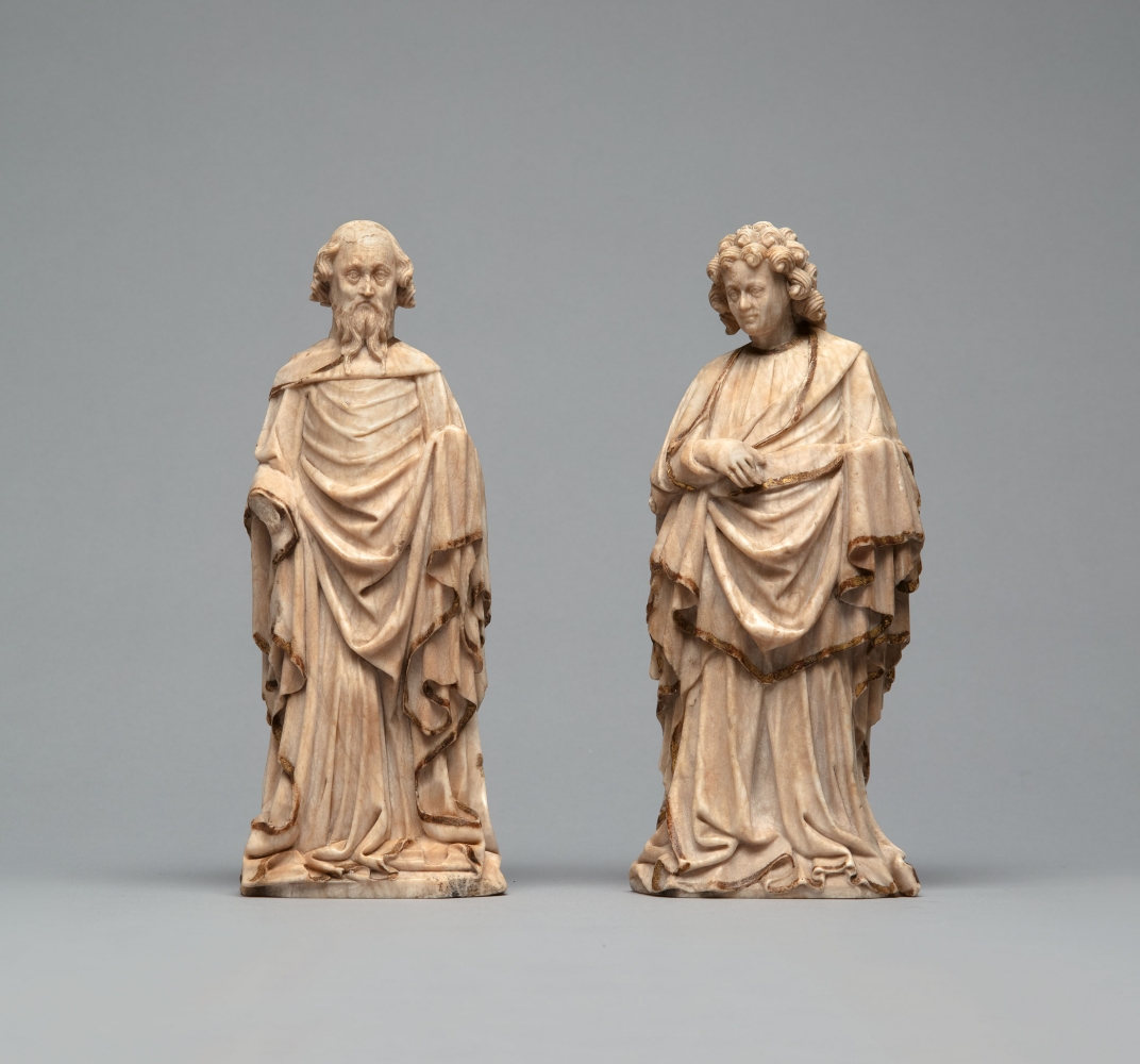 A pair of alabaster standing Apostles, carved for the high altar of Saint-Omer Cathedral, c. 1430 (probably 1429)
Southern Netherlands or Northern France
Alabaster with the original gilding largely intact
Bearded Apostle: 9.3 x 3.7 x 2.3 inches (23.7 x 9.3 x 5.8 cm)
Saint John: 9.3 x 4 x 2.32 inches (23.7 x 10.2 x 5.9 cm)