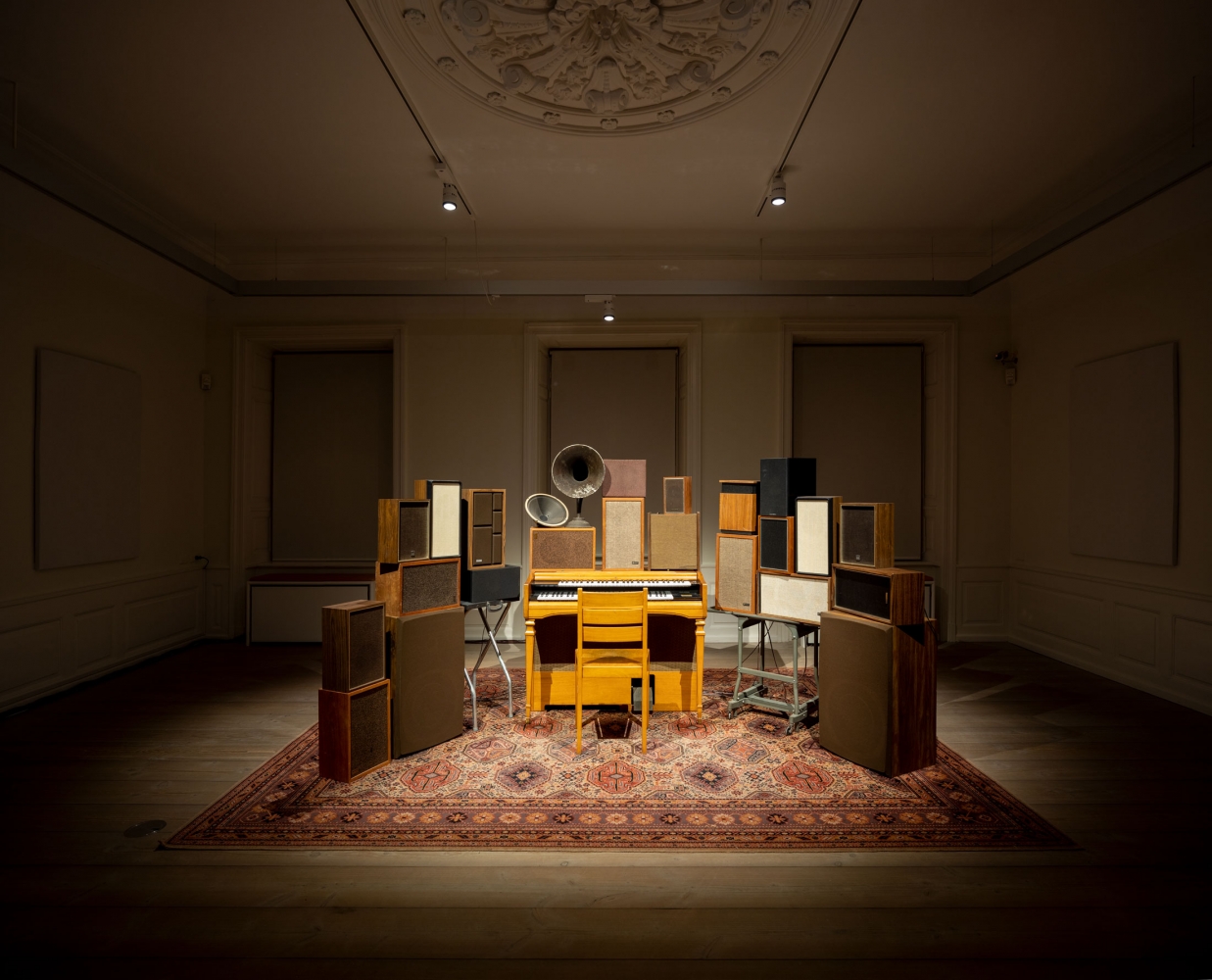 Janet Cardiff and George Bures Miller
The Poetry Machine,&amp;nbsp;2017
Interactive audio/mixed-media installation including organ, speakers, carpet, computer and electronics
Dimensions variable
Installation view,&amp;nbsp;Leonard Cohen: A Crack in Everything
October 24, 2019 &amp;ndash; August 2, 2020
Kunstforeningen GL STRAND, Copenhagen, Denmark
Photo:&amp;nbsp;Jan Sõndergaard