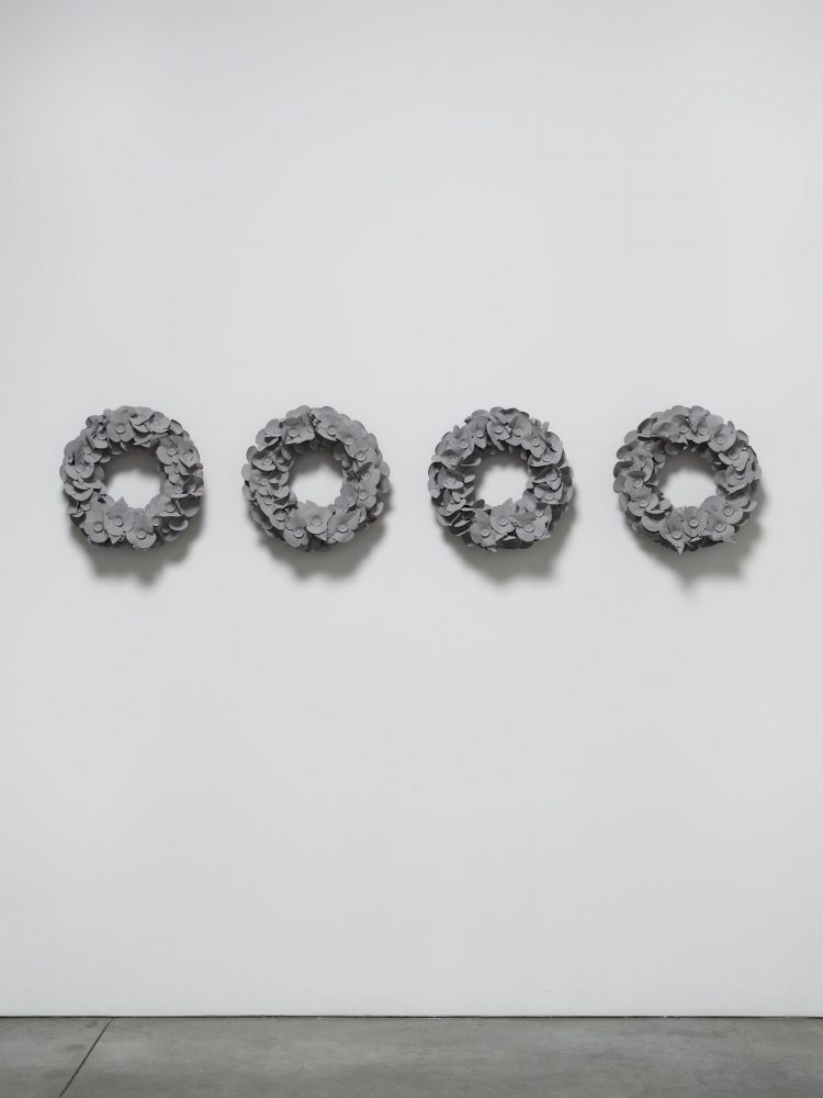 Camilla Wills
Anti-imperial Monochromes, 2021
Five Royal British Legion poppy wreaths, signal grey paint
Each: 15 3/4 x 15 3/4 x 12 5/8 inches (40 x 40 x 32 cm)
&amp;copy; Camilla Wills; Courtesy of the artist, d&amp;eacute;pendance, Brussels, and Luhring Augustine, New York.
Photos by Farzad Owrang (installs) and Kristien Daem.