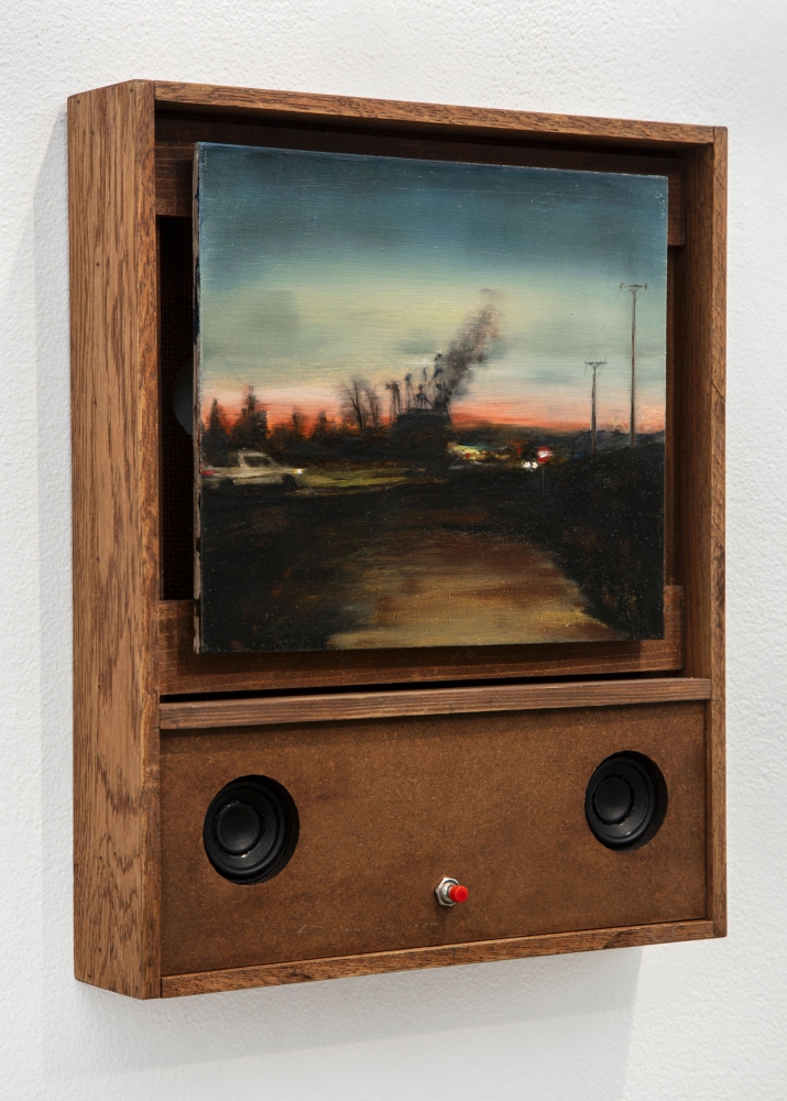 Janet Cardiff &amp;amp; George Bures Miller
Feed Plant, 2021
Oil paint on board, walnut frame, mixed media and electronics
12 1/2 x 10 1/2 x 2 inches
(31.8 x 26.7 x 5.1 cm)