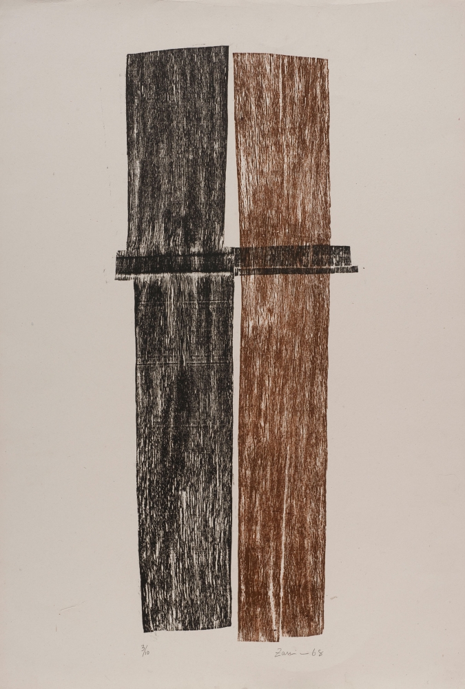 Zarina
Kiss, 1968
Relief print from collaged wood, printed in black and burnt umber on BFK white paper
Edition of 10
30 x 20 3/8 inches
(76.2 x 51.75 cm)