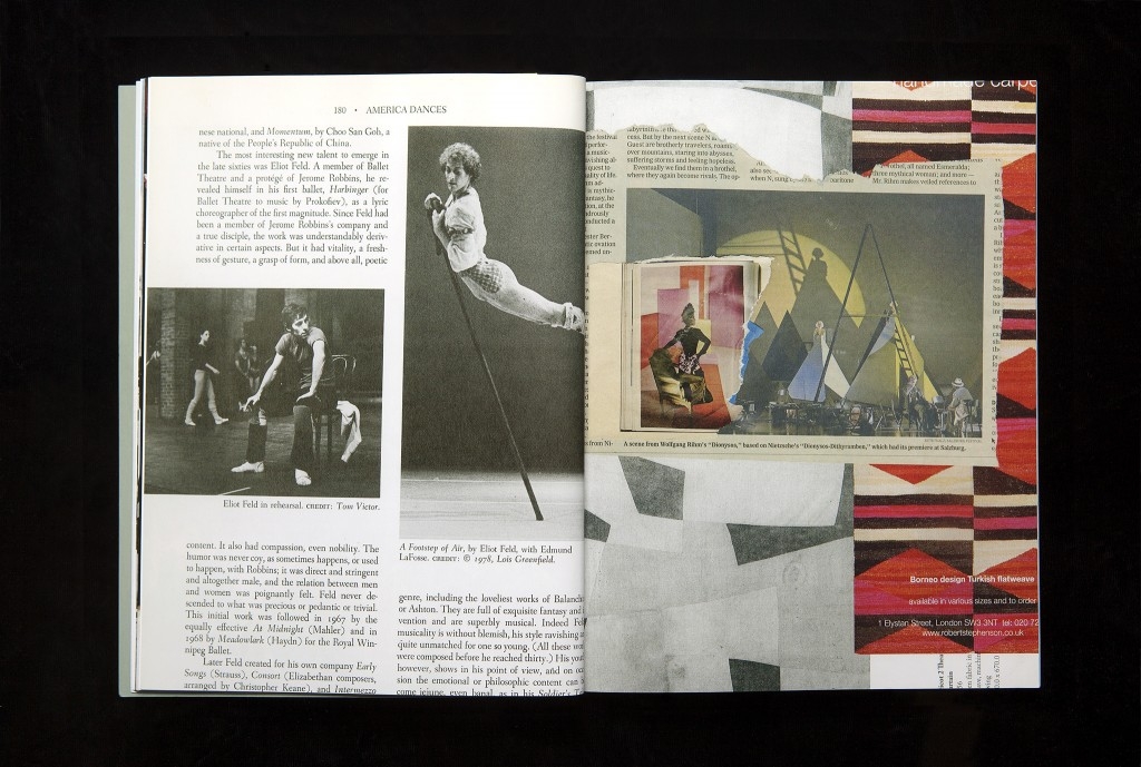 Page layout of artist's book with collage of pictures of people and patterns