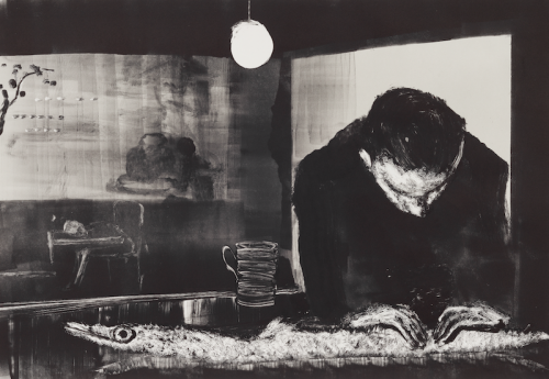 Black and white painting of man at bar