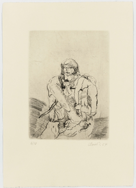 Georg Baselitz
Partisan, 1966
Signed/Dated: 6/10; G Baselitz 67 (mistaken)
Etching and drypoint on zinc plate; on yellow laid paper
Image size: 12 5/8 x 9 1/4 inches (32.1 x 23.5 cm)
Paper size: 21 1/4 x 15 inches (54 x 38.1 cm)
Framed dimensions: 24 3/4 x 18 7/8 inches (62.9 x 47.9 cm)
&amp;copy; Georg Baselitz 2021
Photo: &amp;copy;&amp;nbsp;bernhardstrauss.com