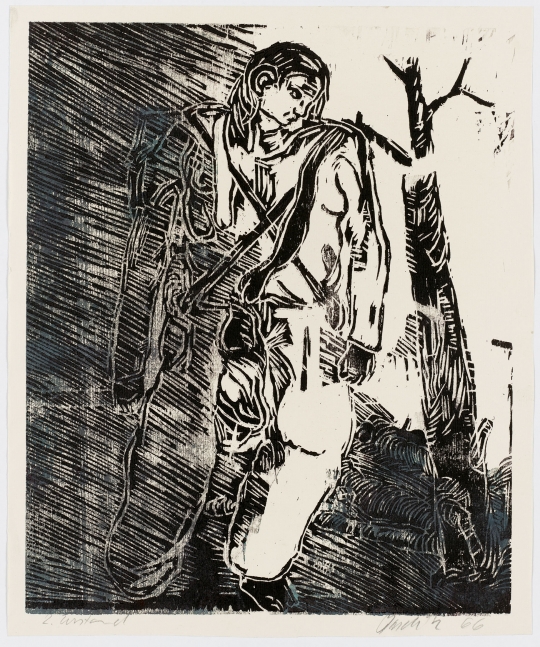 Georg Baselitz
Partisan, 1966
Signed/Dated: 2. Zustand [second state]; Baselitz 66
Woodcut on factory printing paper
Image size: 14 3/8 x 11 3/4 inches (36.4 x 29.8 cm)
Paper size: 15 1/8 x 12 5/8 inches (38.4 x 32.1 cm)
Framed dimensions: 24 3/4 x 18 3/4 inches (62.9 x 47.6 cm)
&amp;copy; Georg Baselitz 2021
Photo: &amp;copy;&amp;nbsp;bernhardstrauss.com