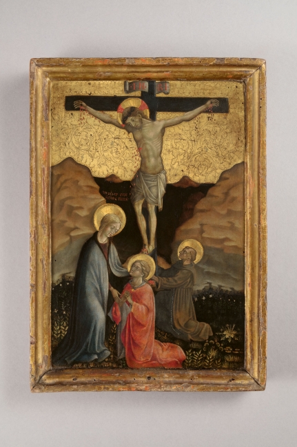 Paolo da Visso (active 1431-1482)
The Crucifixion, attended by a Franciscan Monk, c. 1450
Italy, Le Marche, Aschio
Tempera and gold on panel
16 1/2 x 11 7/8 x 1 inches
(41.9 x 30.2 x 2.5 cm)