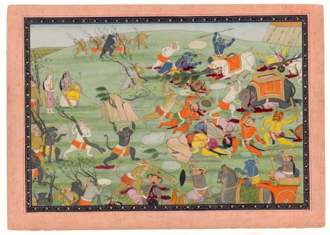 The death of the demons Mahodara, Devantaka and Trisiras, c. 1790
From Book VI of the &amp;lsquo;Second Guler&amp;rsquo; Ramayana (second part)
By a Guler artist
Opaque pigments with gold and silver on paper, within a blue margin with gold and silver floral arabesque and a pink outer border with a red rule
Folio: 9 3/4 x 13 7/8 inches (24.9 x 35.3 cm)
Painting: 7 7/8 x 11 7/8 inches (20.0 x 30.2 cm)