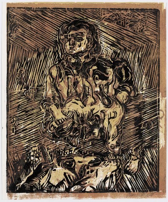Georg Baselitz
Ohne Titel [Untitled], 1966
Signed/Dated: Baselitz 66
Woodcut in black/brown on factory printing paper
Image size: 11 x 11 inches (27.9 x 27.9 cm)
Paper size: 16 x 13 1/4 inches (40.6 x 33.7 cm)
Framed dimensions: 24 3/4 x 18 11/16 inches (62.9 x 47.5 cm)
&amp;copy; Georg Baselitz 2021
Photo: &amp;copy;&amp;nbsp;bernhardstrauss.com