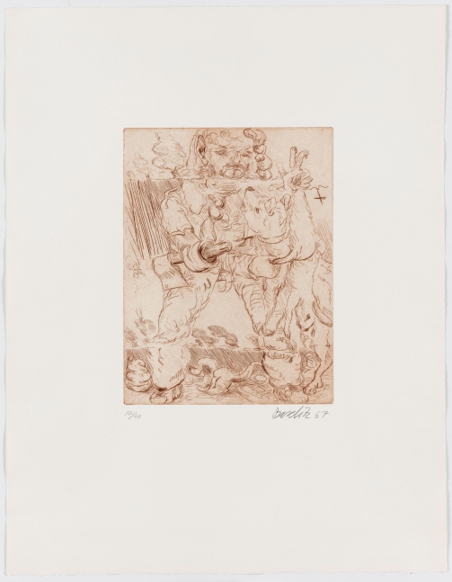 Georg Baselitz
Der J&amp;auml;ger [The Hunter], 1967
Signed/Dated: 22/40; Baselitz 67
Etching and drypoint on zinc plate; red on copper printing paper
Image size: 12 3/8 x 9 3/8 inches (31.4 x 23.8 cm)
Paper size: 25 3/8 x 19 9/16 inches (64.5 x 49.7 cm)
Framed dimensions: 29 1/16 x 23 1/8 inches (73.8 x 58.7 cm)
&amp;copy; Georg Baselitz 2021
Photo: &amp;copy;&amp;nbsp;bernhardstrauss.com