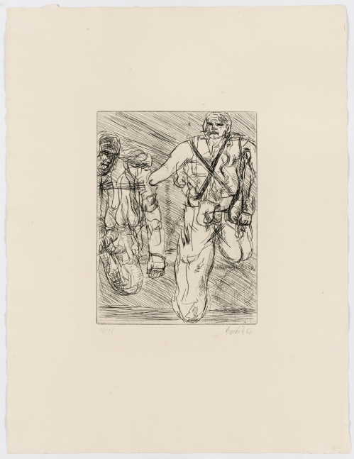 Georg Baselitz
Zwei Soldaten [Two Soldiers], 1967
Signed/Dated: 10/10; Baselitz 66 (mistaken)
Etching and drypoint on zinc plate; on Richard de Bas laid paper
Image size: 12 1/2 x 9 3/8 inches (31.8 x 23.8 cm)
Paper size: 26 x 19 7/8 inches (66 x 50.5 cm)
Framed dimensions: 29 x 23 1/8 inches (73.7 x 58.7 cm)
&amp;copy; Georg Baselitz 2021
Photo: &amp;copy;&amp;nbsp;bernhardstrauss.com