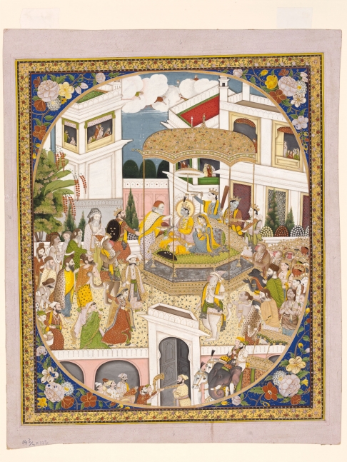 The Coronation of Rama, based on the description in the Yuddhakanda of the Ramayana, ch. 130, c. 1840
Mandi
Opaque pigments, with gold and silver on paper, within a gold oval border with white rules; spandrels decorated with large flowers against a blue ground; outer gilt border with a European style scrolling floral design with peonies; black and yellow rules
Folio: 20 1/8 x 16 3/8 inches (51.2 x 41.5 cm)
Painting: 17 3/4 x 14 5/8 inches (45 x 37 cm)