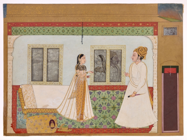 Return of the unfaithful lover, khandita nayika, c. 1720
Nurpur
Opaque pigments and gold on paper
7 3/4 x 10 1/4 inches
(19.6 x 26.1 cm)