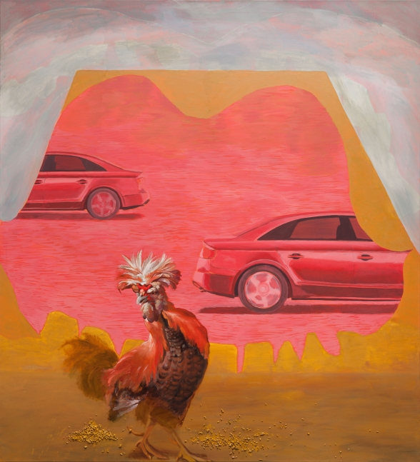 Allison Katz
Cock Wheels, 2017
Silkscreen, acrylic, oil and rice on canvas
63 x 57 inches
(160 x 145 cm)