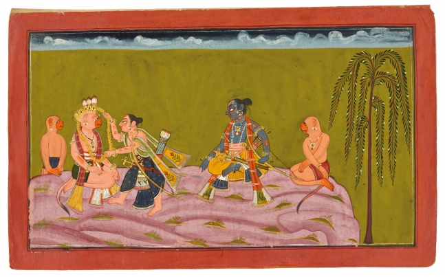Lakshmana places the garland round Sugriva&amp;rsquo;s neck, c. 1700-10
From Book IV of the &amp;lsquo;Shangri&amp;rsquo; Ramayan, Style III
Bahu (Jammu) or Kulu
Opaque pigments with gold on paper
Folio: 8 3/8 x 13 3/4 inches (21.4 x 35 cm)
Painting: 7 1/8 x 12 1/2 inches (18.2 x 31.6 cm)