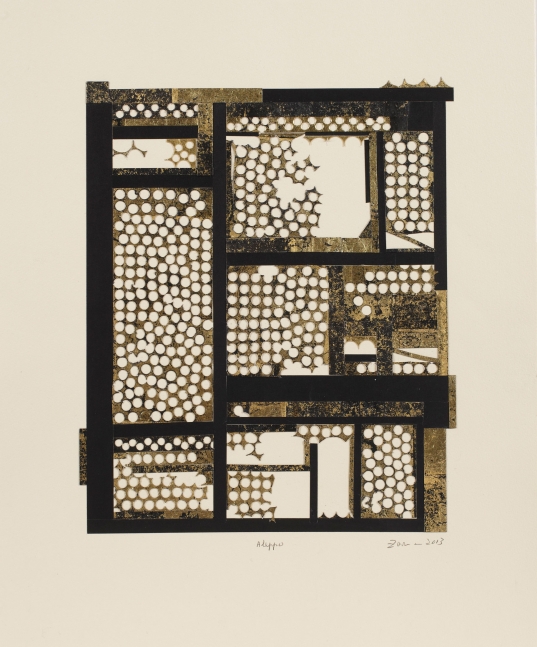 Zarina
Aleppo, 2013
Collage of Indian handmade paper dyed with Sumi ink and punched gold leaf paper on Arches Cover buff paper
Image size: 15 x 12 1/2 inches (38.1 x 31.75 cm)
Sheet size: 22 x 18 inches (55.88 x 45.72 cm)