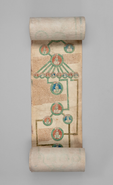 The Chaworth Roll: A genealogy of the kings of England tracing the royal succession from Ebgert to Henry V, with a map of roads of England and a Wheel of Fortune, 1321-27, with additions between 1399 and 1413
England, in Anglo-Norman and French
Ink and pigments on nine joined sheets of lined parchment
252 3/4 x 9 5/8 inches
(641.9 x 24.4 cm)