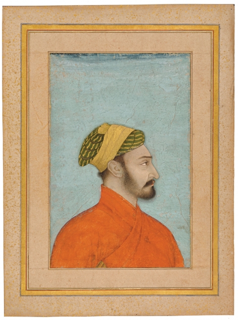 Bust portrait of a prince, probably Muhammad Sultan, the son of Aurangzeb, Imperial Mughal, probably by Hunhar, c. 1670
Laid down in an album page with calligraphy on the reverse
Opaque pigments with gold on paper
Folio: 12 1/2 x 9 1/4 inches (31.6 x 23.5 cm)
Painting: 8 5/8 x 5 5/8 inches (22 x 14.4 cm)