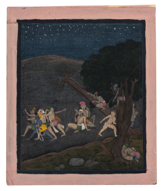 Krishna and his friends playing hide-and-seek by night
Guler, c. 1765
Opaque pigments and gold on paper, within a black margin and pink border
Folio: 10 3/10 x 8 2/5 inches (26.3 x 22 cm)
Miniature: 8 3/10 x 7 (21.2 x 17.7 cm)